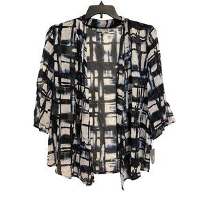 JM Collection Womens Sheer Open-Front Kimono Cardigan M Black/White/Blue Plaid P